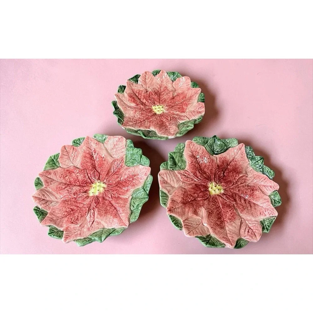 Fitz & Floyd Omnibus Poinsettia Christmas Plates Set Of 3‎ Vintage Japan 1980's